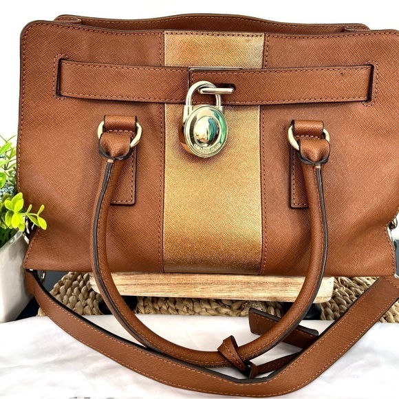 Michael Kors Hamilton Center Stripe Luggage Saffiano Satchel Crossbody Bag - Picture 14 of 16